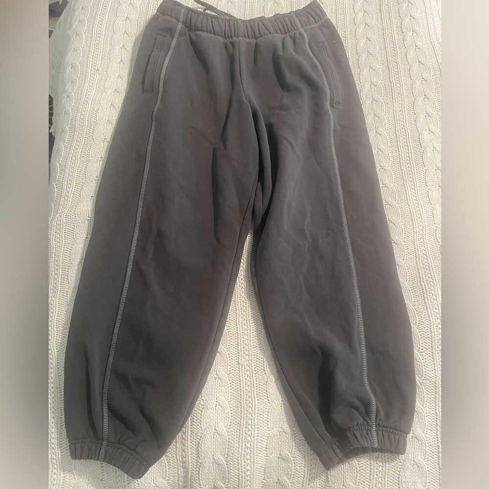 Athleta forever fleece jogger, dark gray with stripe detail